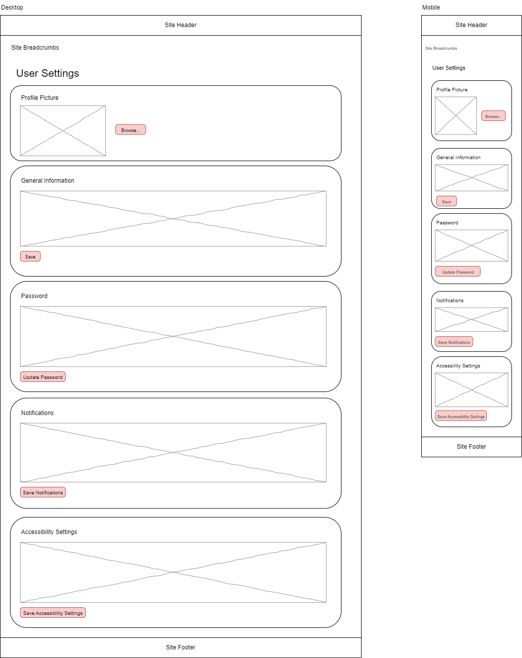 Wireframe for settings